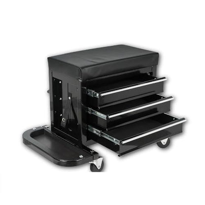 3-Drawer Tool Chest Rolling Mechanic Seat Heavy Duty Rolling Workshop Stool with Tool Trays 350 lbs Capacity Black Garage Creeper Seat for Auto Repair
