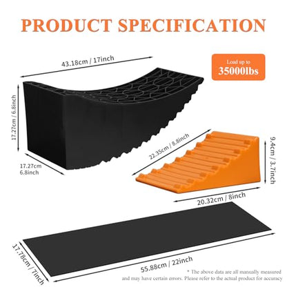 Raised Tire Change Ramp,Large RV Camper Levelers with 6" Lift, Dual Axle Tandem Wheel AidCurved Design for Tire Change of RV/Camper/Travel Trailer with Chocks, Anti-Slip Mats, Carrying Bag,(1 Pack)