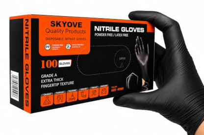 SKYOVE 5 Mil Black Nitrile Gloves Disposable 100 Count Heavy Duty Industrial Grade Textured Grip Latex Free Powder Free - size: Medium