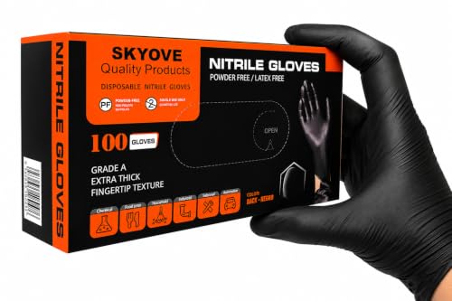 SKYOVE 5 Mil Black Nitrile Gloves Disposable 100 Count Heavy Duty Industrial Grade Textured Grip Latex Free Powder Free - size: Medium