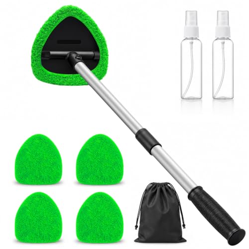 25.5" Extra-Long Reach – Super Absorbent Coral Velvet Windshield Cleaner Tool, Streak-Free Windshield Cleaning Tool Kit with 5 Pads, 2 Spray Bottles & Storage Bag for Auto Glass & Home Windows, Green - color: Green