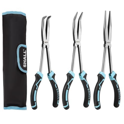 SHALL 3 PCS Long Needle Nose Pliers Set, 11" Long Nose Plier, 90° & 45° Bent Nose Pliers, Roll Up Storage Pouch Included, Two-Color TPR Handle, for Car Repair/House Work