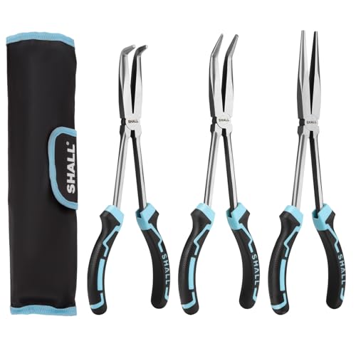 SHALL 3 PCS Long Needle Nose Pliers Set, 11" Long Nose Plier, 90° & 45° Bent Nose Pliers, Roll Up Storage Pouch Included, Two-Color TPR Handle, for Car Repair/House Work