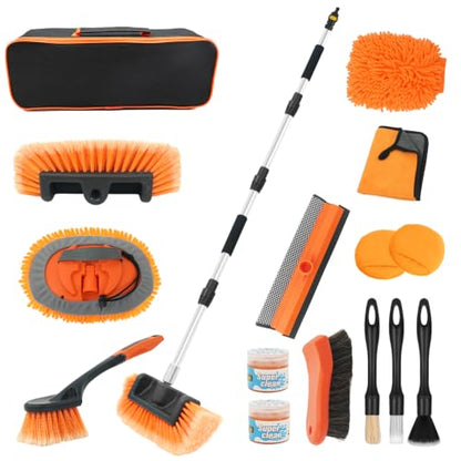 70" Car Wash Brush with Long Handle, 12-Inch Flow-Thru Soft Bristle Car Washing Brush, Wheel Brush, Microfiber Cleaning Mop, Mitt, Window Squeegee, Interior Cleaning Kit, Bag, for Car SUV Truck RV