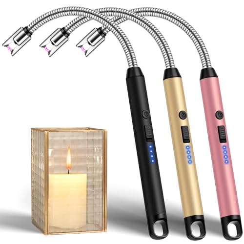 LcFun 3 Pack Candle Lighter USB C Rechargeable Electric Lighters with 360° Flexible Neck & Safety Lock, Windproof Lighters Long Stem Matches for Candle, Grill, BBQ, Stoves(Black,Pink,Gold) - color: Black & Pink & Gold