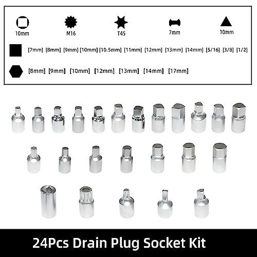 32Pcs Drain Plug Key Set, 3/8" Drive Oil Drain Plug Removal Kit Compatible with GM VW Ford Mercedes Audi BMW with Square Triangle Hex Spline Torx Socket for Oil Sump, Back Axle, Differential, Gearbox : Automotive