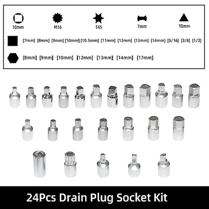 32Pcs Drain Plug Key Set, 3/8" Drive Oil Drain Plug Removal Kit Compatible with GM VW Ford Mercedes Audi BMW with Square Triangle Hex Spline Torx Socket for Oil Sump, Back Axle, Differential, Gearbox - size: 32PC