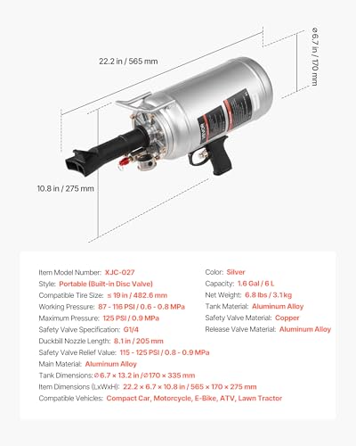 VEVOR Portable Tire Bead Seater, 1.6 Gal / 6 L Air Bead Blaster, Handheld Tire Inflator Tool, 87-116 PSI Operating Pressure, Trigger Seating Inflator for Car, Compact SUV, Light Truck, E-Bike, RV, ATV - size: 1.6 Gal / 6 L
