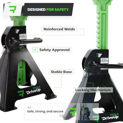 Jack Stands 3 Ton (6,600 lb) Heavy Duty Steel, Double Locking, Set of 2, Adjustable Height 11.03-16.7 Inch, Green Car Jack Stands for Cars SUV Trucks Vans - size: 3 Ton