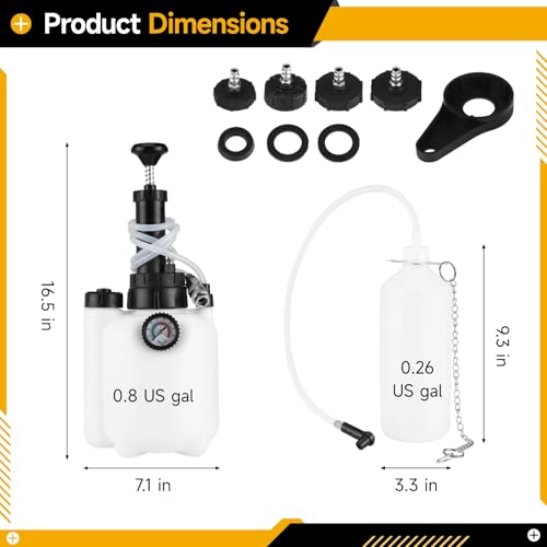 3L / 101.4 fl oz One Man Brake Bleeder Kit, Manual Brake Bleed Pump with 4 Adapters, Master Cylinder Bleeder Kit with 1L / 33.8 fl oz Waste Oil Bottle, Pressure Gauge 0-90 PSI for Car Truck Motorcycle