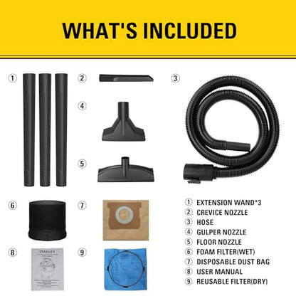 STANLEY Wet/Dry Vacuum SL18115, Stainless Steel Tank, 5 Gallon 4HP Shop Vacuum, Portable Style Ideal for Home/Shop/Jobsite Dust Collection Job with Vacuum Attachments, Silver+Yellow - size: 5 Gallon, 4.0 HP, 50" Sealed Pressure