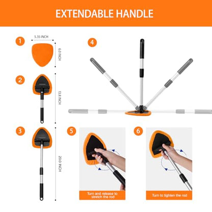 Qydipclin 7pcs Windshield Cleaner Tool Car Window Cleaning Wash Kit with 4 Reusable Microfiber Pads 1 Spray Bottle and Extendable Handle Auto Glass Wiper Kit, Orange - color: Orange