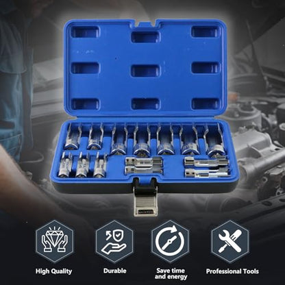 Diesel Injector Fuel Line Socket Wrench Set 3/8" 1/2" Drive Metric 8-22mm Flare Nut Sockets 5-Point Anti-Slip Design for ABS, Injectors, Sensors (14PCS)