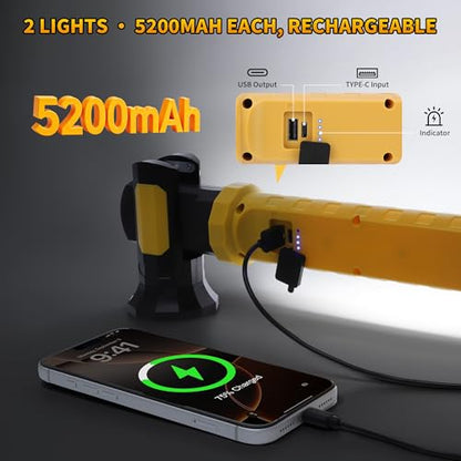 5200mAh Rechargeable Magnetic Work Light, 2-Pack 2500 Lumen LED Under Hood Light Bar with 360° Rotating Hook, Portable Trouble Light for Car Truck Garage Mechanic