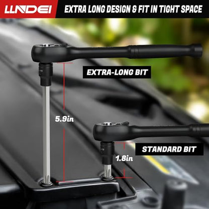 LLNDEI 115-Piece Torx & Allen Bit Socket Set, 1/4",3/8"and 1/2" Drive, Extra Long Torx//Tamper Proof Torx/Hex/Ball End Hex Socket Set, S2 Steel, SAE/Metric, with Ratchet Wrench & Adapters