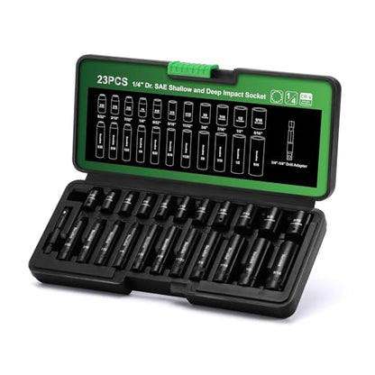 TecoTek 23 Pieces 1/4-Inch Drive Shallow and Deep 12-Point Impact Socket Set, CR-V, 5/32 to 9/16 in, SAE, 1/4"-1/4" Drill Adapter - size: 4 - 14 mm (23 PCS)