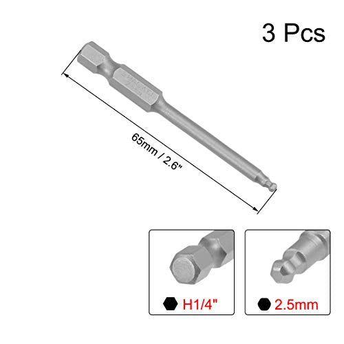 uxcell 3 Pcs H2.5 (2.5mm) Ball End Screwdriver Bits, S2 Steel Magnetic 2.6 Inch Long Drill Bit with 1/4 Inch Hex Shank - style: H2.5