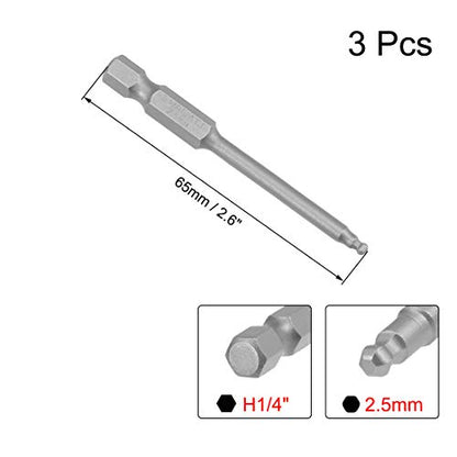 uxcell 3 Pcs H2.5 (2.5mm) Ball End Screwdriver Bits, S2 Steel Magnetic 2.6 Inch Long Drill Bit with 1/4 Inch Hex Shank - style: H2.5