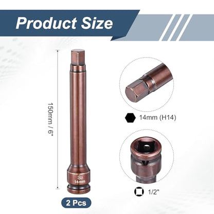 HARFINGTON 2pcs Impact Hex Bit Socket 1/2" Drive 14H (14mm) Hex Bits 6" Length S2 Steel Metric Impact Wrench Socket Adapter Tool for Automotive Repair Industrial Construction and Home DIY - size: H14 x 1/2" x 6"