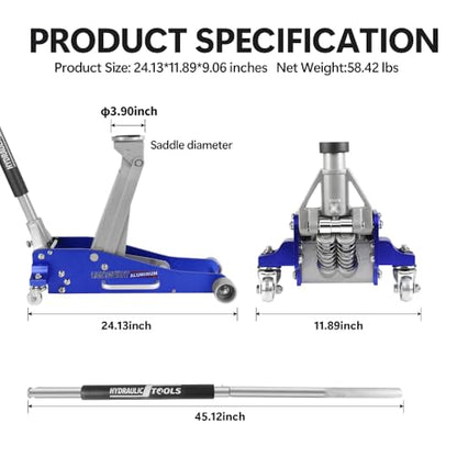 Hydraulic Low Profile Aluminum and Steel Racing Floor Jack with Dual Piston Quick Lift Pump and Dual Side Handles, 2.5 Ton (5,000 Lb) Capacity Lifting Range Between 3.74" to 18.7", Blue
