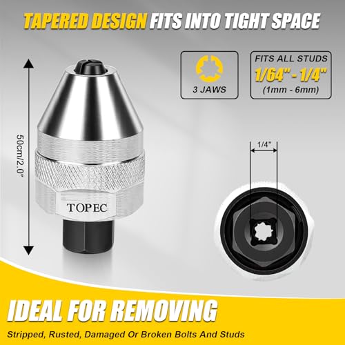 Topec Broken Bolt and Stud Extractor, 1/4" Drive Stud Removal Tool for 1/64-Inch to 1/4-Inch Studs, Premium CR-MO Steel Broken Bolt Remover for Removing Damaged, Rounded or Rusted Tight Bolts - size: 1/4-Inch Drive