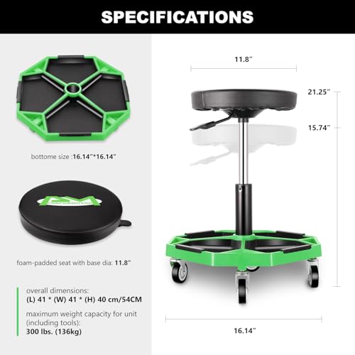 PM PERFORMOTOR Adjustable Height Pneumatic Garage Seat Rolling Mechanic Stool with Tool Tray Storage,300lbs Max Weight Capacity, Green,PM-TOL-ATS-GR - color: Green