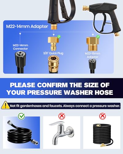 Saker Short Pressure Washer Gun with Foam Cannon, M22-14 to M22-15 and M22-14 to 3/8 Inch Brass Adapter Connector, with 5 Pressure Washer Nozzles - size: Two-Piece Set
