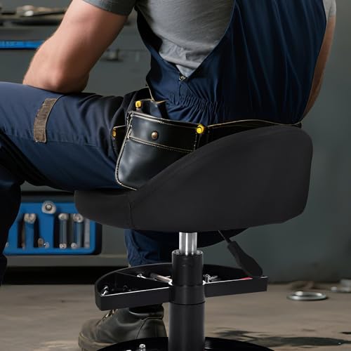 Frassie Rolling Mechanics Garage Seat Stool with Storage Tool Tray Adjustable Height for Auto Repair 300 LBS Capacity