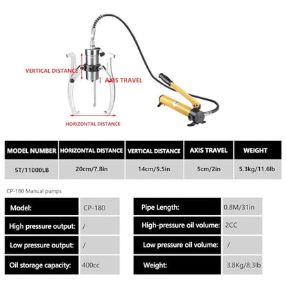 Separate Hydraulic Gear Puller, 5/10/15/20/30/50 Tons, with Hand Pump, for Separating Tools in Confined Spaces, 2 or 3 Jaws, Vertical and Horizontal(5T) - size: 5T