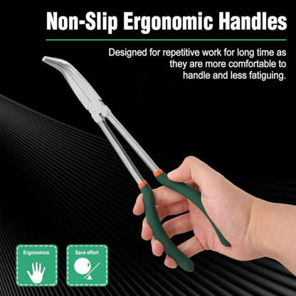 SPEEDWOX Long Reach Bent Nose Pliers 10 Inches 90 Degree Intermeshed Teeth Precision Fine Pliers for Hard to Reach Narrow Spaces High Leverage Reduce Efforts Non-slip Handle - style: 90°Bent Nose Pliers
