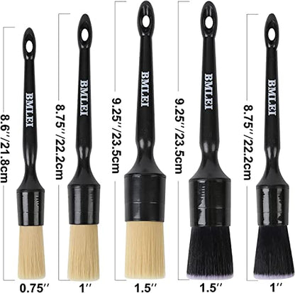 BMLEI 5pcs Car Detailing Brushes Set, Boars Hair Auto Car Detail Brush Kit | No Scratch, Ultra Soft Car Duster Brushes，Perfect for Interior, Exterior Cleaning, Wheels,Tires,Leather Seats