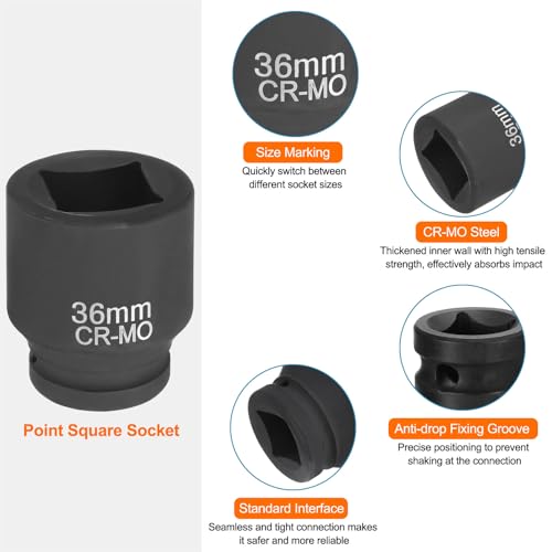 HARFINGTON 4 Point Square Socket 1" Drive 36mm Metric Square Impact Socket CR-MO Blackening Standard Wheel Sleeve Pneumatic Sleeve Tool for Auto Repair Mechanical Maintenance Home Use - size: 1"/36mm