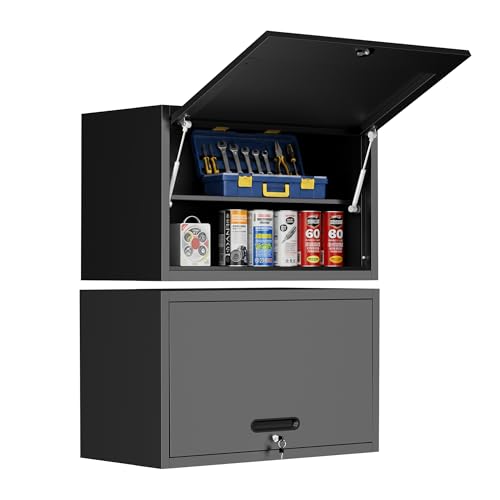 Metal Wall Cabinet with 1 Up-flip Door and 1 Adjustable Shelf,Black Heavy Duty Garage Wall Mounted Storage Cabinets,Tool Cabinets for Garage,Kitchen,Warehouse,Office,Assembly Required - color: Black, style: 1 door wall cabinet with 1 shelf