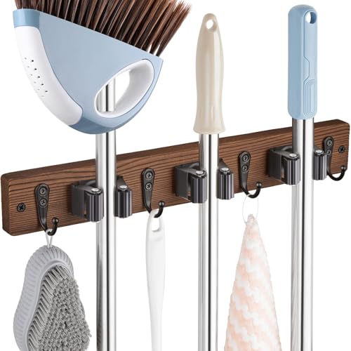OUTNILI Mop Broom Holder Wall Mount with 3 Slots & 4 Hooks - Wood Broom Mop Hanger for Pantry Kitchen Organization - Garden Tool Organizer for Closet Laundry Room - for Rustic Farmhouse Kitchen Decor - color: Brown-3 Grips, size: 1 Pack