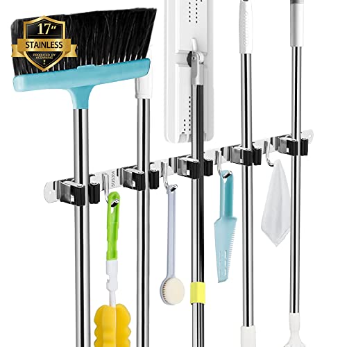 AceMining 5 Racks and 4 Hooks Mop and Broom Holder Wall Mount, Broom Organizer Storage Tool Racks Stainless Steel Heavy Duty Hooks Self Adhesive Solid Non-slip for Home Kitchen Garden Laundry Garage - color: 5 Racks & 4 Hooks (Silver) - 1 Pack