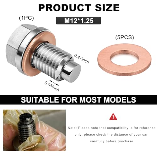 Wevdn Magnetic Oil Drain Plug, Aluminum M12×1.25 Sump Drain Nut Bolt with 5 PCS Copper Crush Washer, Universal Oil Drain Plug Replacement for Most Cars Motorcycles, Car Accessories - color: M12×1.25