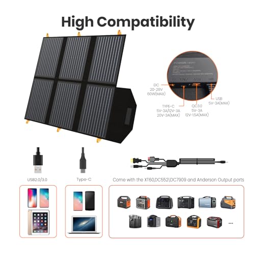 [Upgraded] FlexSolar 60W Portable Solar Panels Chargers IP65 Waterproof | with PD3.0 USB-C, QC3.0 USB-A & DC; Power Emergency Camping for Small Power Station Generator,Phones, Power Banks, Tablets - color: 60W