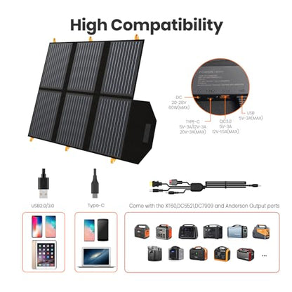 [Upgraded] FlexSolar 60W Portable Solar Panels Chargers IP65 Waterproof | with PD3.0 USB-C, QC3.0 USB-A & DC; Power Emergency Camping for Small Power Station Generator,Phones, Power Banks, Tablets - color: 60W