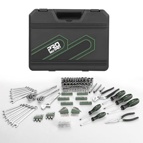 Prostormer Mechanics Tool Set with SAE & Metric Sockets, Green | 279-Piece, Chrome-Vanadium Steel, 1/2", 3/8" Quick-Release Ratchets for Auto and Machine Repairs - color: Green