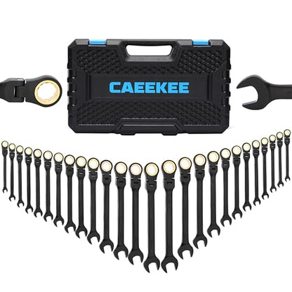 26-Piece Flex-Head Ratcheting Wrench Set, SAE & Metric, 12 Point, 72-Tooth Ratchet, Chrome Vanadium Steel, With Organizer Box - style: 26-Piece Set (Flex-Head Metric & SAE)