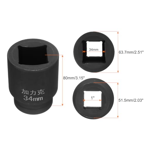 HARFINGTON 4 Point Square Socket 1" Drive by 34mm Metric Square Impact Socket 40CR Blackening Standard Wheel Sockets Pneumatic Socket Tool for Auto Repair Mechanical Maintenance Home Use - size: 34mm