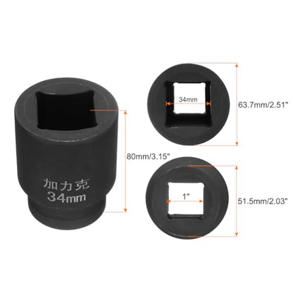 HARFINGTON 4 Point Square Socket 1" Drive by 34mm Metric Square Impact Socket 40CR Blackening Standard Wheel Sockets Pneumatic Socket Tool for Auto Repair Mechanical Maintenance Home Use - size: 34mm