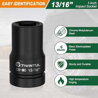 13/16" Impact Socket 1" Drive, for Truck Axle Nuts & Hub Removal | Square, 6 Point Design, CR-MO ANSI Certified, Heavy Duty Socket 1 Inch Drive for Suspension & Heavy Equipment Maintenance - size: 13/16'' (1 PCS)