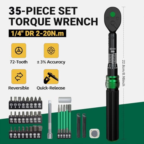 1/4" Bike Torque Wrench Set, 35 PCS Bicycle Click Torque Wrench and Bit Set, 17.7-177 in·lb/2-20Nm, Dual-Direction Adjustable 72 Tooth Ratchet, ±3% Accuracy, Road/Mountain Bike Cycling Tool Kit - size: 35PCS (2-20 Nm)