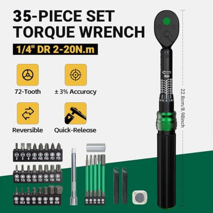 1/4" Compact Bike Torque Wrench Set, 2-20Nm/17.7-177 in·lb | 3% Accuracy, 35 PCS Road/Mountain Bicycle Torque Wrench and Bit Set, Dual-Direction Adjustable 72 Tooth Ratchet - size: 35PCS (2-20 Nm)