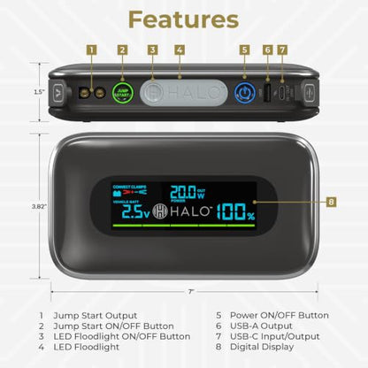 Halo Bolt 1500A Car Battery Jump Starter with Large Digital Screen, Portable 12V Lithium Battery Jump Starter, Portable Power Bank, 3-Mode LED Flashlight, Safe & Simple Design, TSA Approved - Silver - color: Silver