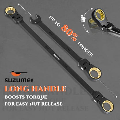 SUZUME Extra Long Flex Head Ratcheting Wrench Set 6PCS (8-19mm) Double Box End Metric EVA Foam 180° Flexible Head 15K Gear Cycles Tested Black Chrome Finish CR-V Steel for Tight Engine Bays with Pouch - size: 6-Piece