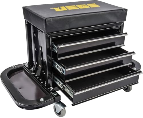 JEGS 3-Drawer Mechanics Roller Seat Tool Box | Black With JEGS Logo | Two Folding Tool Trays With Magnetic Pads | Vinyl Padded Seat Cushion | Rear Tray For Screwdrivers And Pliers | Load Limit 350 LBS