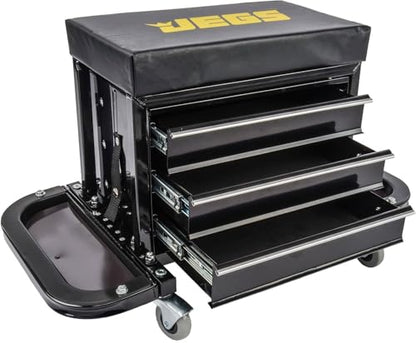 JEGS 3-Drawer Mechanics Roller Seat Tool Box | Black With JEGS Logo | Two Folding Tool Trays With Magnetic Pads | Vinyl Padded Seat Cushion | Rear Tray For Screwdrivers And Pliers | Load Limit 350 LBS