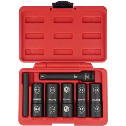 K231 Extra Thin Wall Impact Flip Socket and Knockout Bar Set with Half Sizes, Lug Nut Sockets, 1/2-Inch Drive, 7-Piece - size: Half and Regular sizes